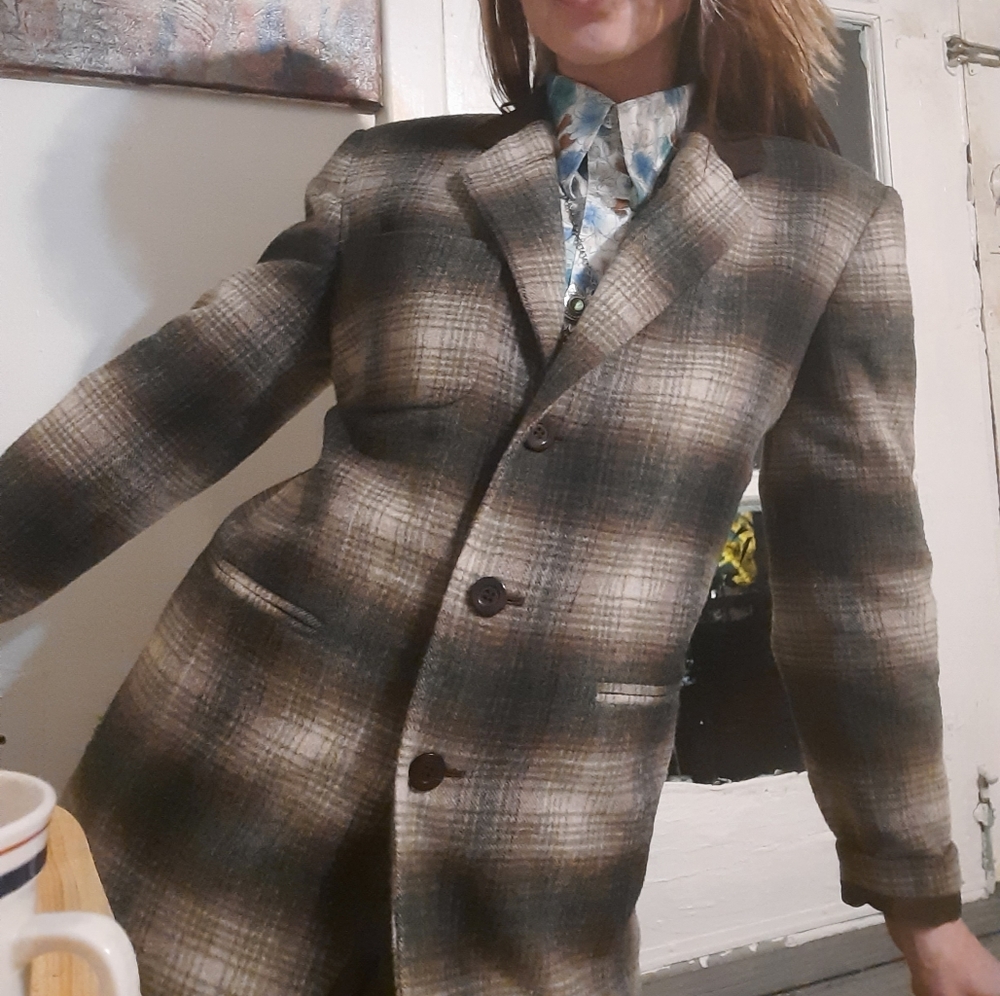 1980's plaid wool blazer w/ suede accents - Picture 3 of 12
